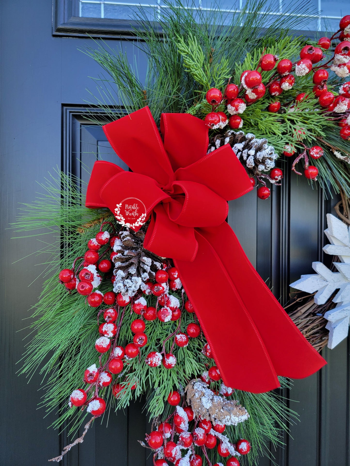 Winter red berry wreath for front door, evergreen Christmas wreath, snowflake wreath, cedar wreath, wreath with red velvet bow
