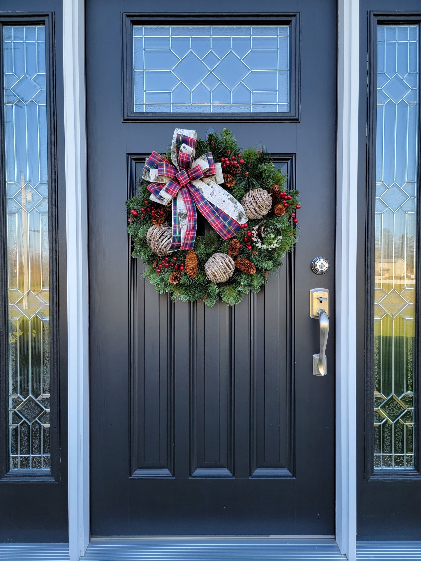 Pine Christmas berry wreath, Birch bow, Faux evergreen wreath, Winter berry wreath