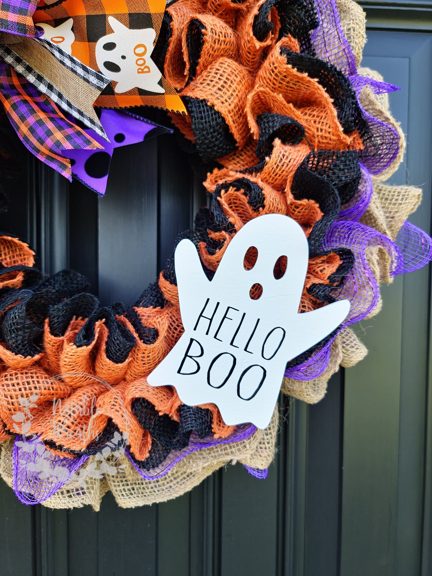 Rustic Halloween ghost wreath for front door, Hello Boo wreath, Rae Dunn inspired, buffalo check Halloween wreath, ghost wreath