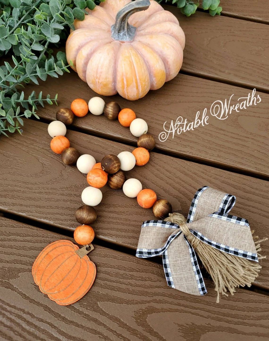 Pumpkin Fall wood bead garland, tiered tray decor, holiday garland for