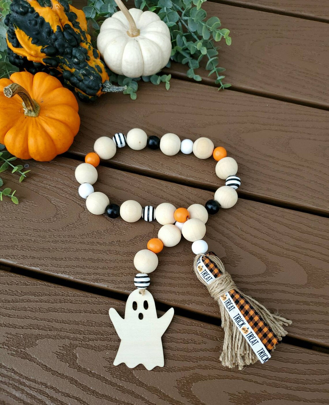 Rustic ghost Halloween wood bead garland, tiered tray decor, Halloween garland for tiered tray