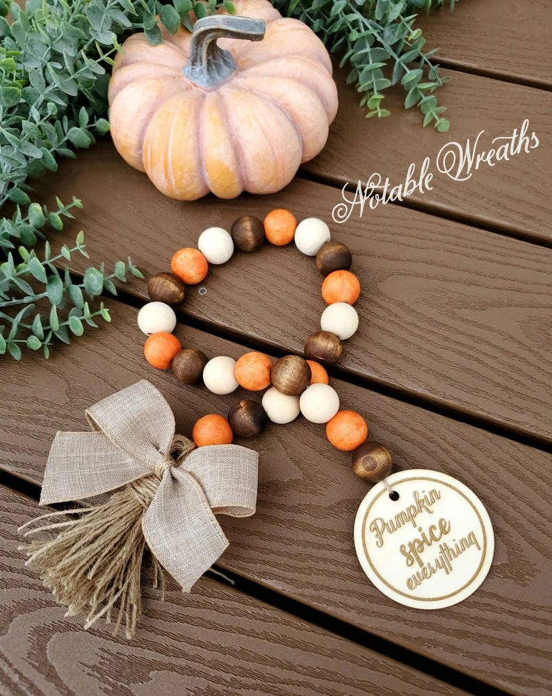 Pumpkin spice Fall wood bead garland, tiered tray decor, holiday garla