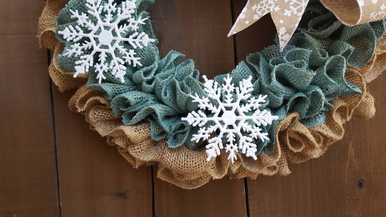 Winter burlap wreath for Front door, blue snowflake winter wreath, rustic winter wreath, ruffle winter wreath