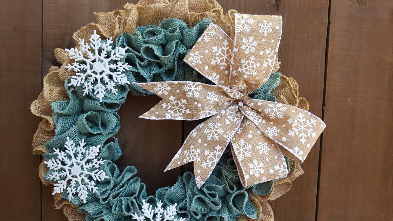 Winter burlap wreath for Front door, blue snowflake winter wreath,  rustic winter wreath, ruffle winter wreath