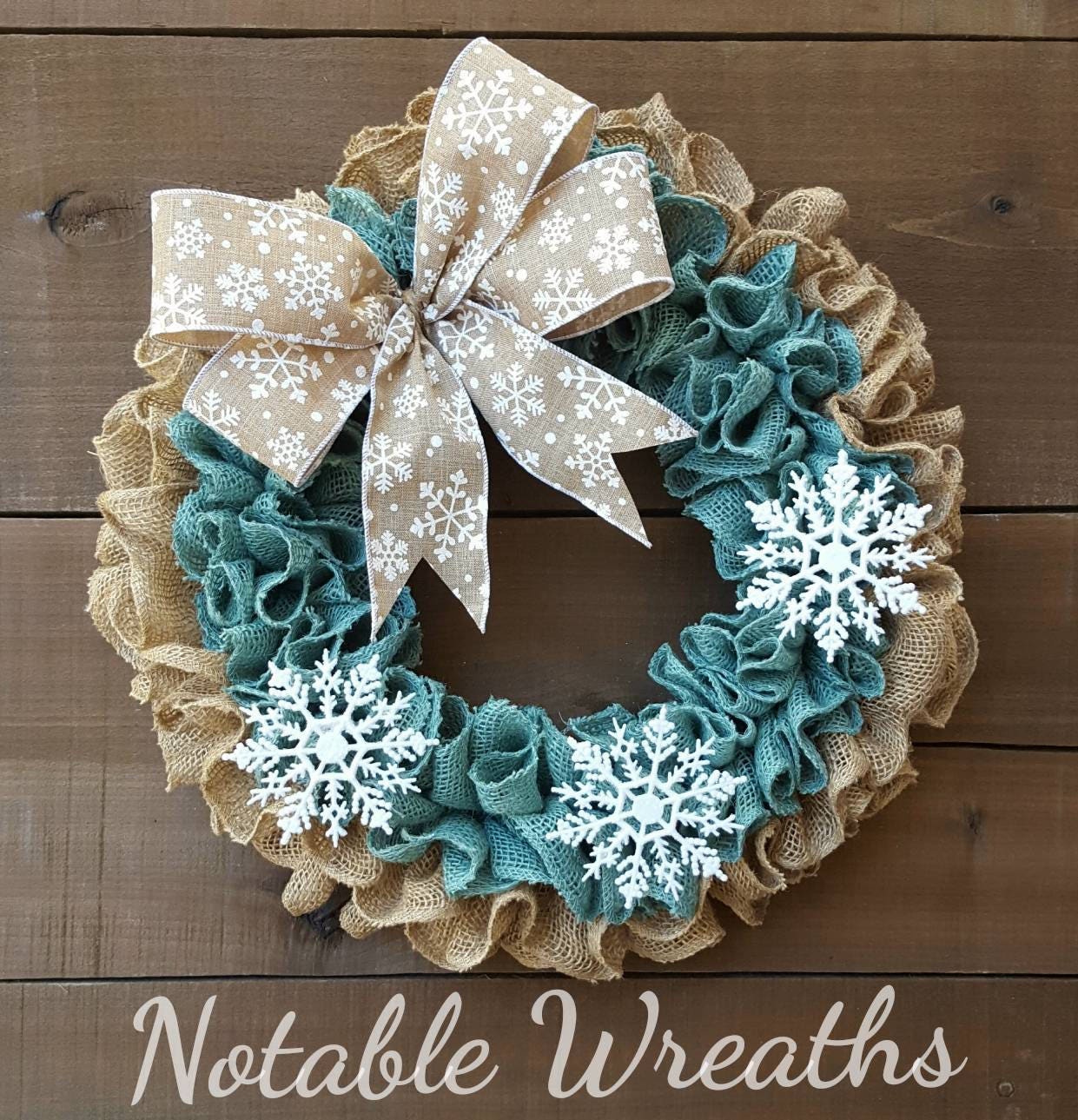 Winter burlap wreath for Front door, blue snowflake winter wreath, rustic winter wreath, ruffle winter wreath