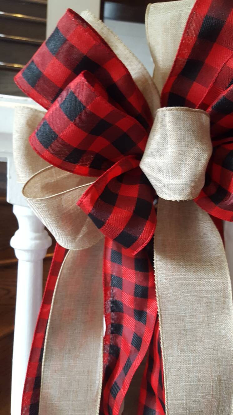 Christmas tree decor, Tree topper, plaid tree topper bow, farmhouse decor, red and black buffalo check tree topper