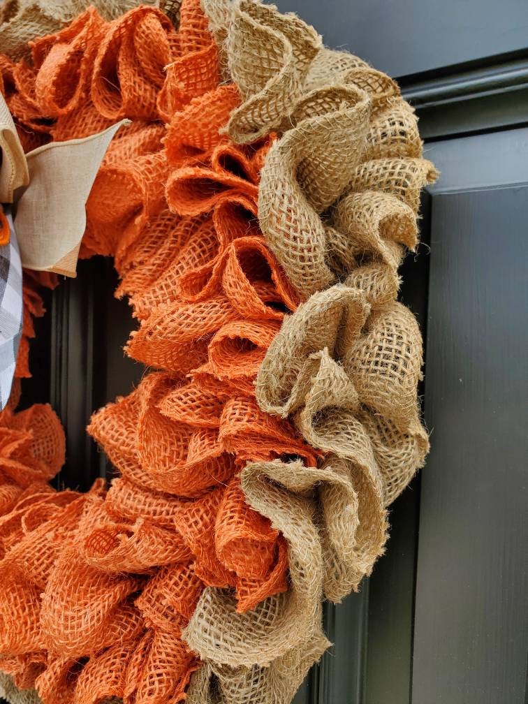 Fall burlap wreath for front door, autumn burlap wreath, buffalo check wreath for fall, pumpkin wreath for fall, burnt orange burlap wreath