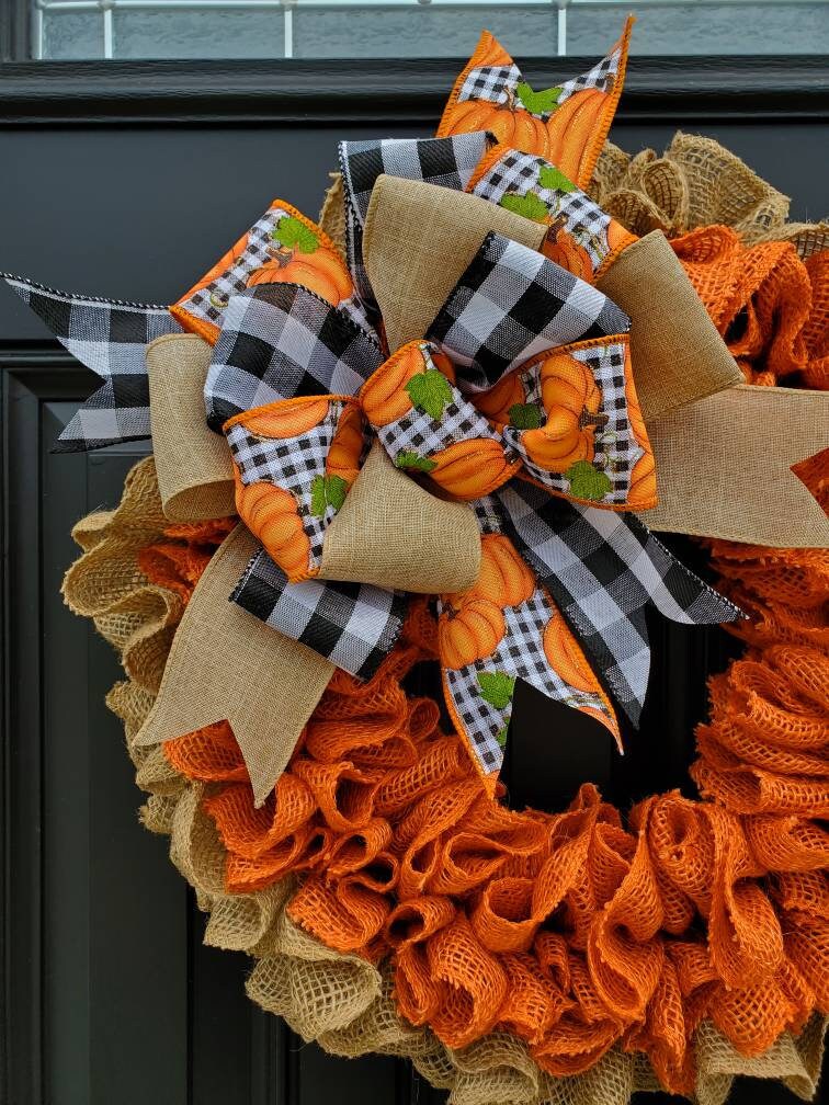 Fall burlap wreath for front door, autumn burlap wreath, buffalo check wreath for fall, pumpkin wreath for fall, burnt orange burlap wreath