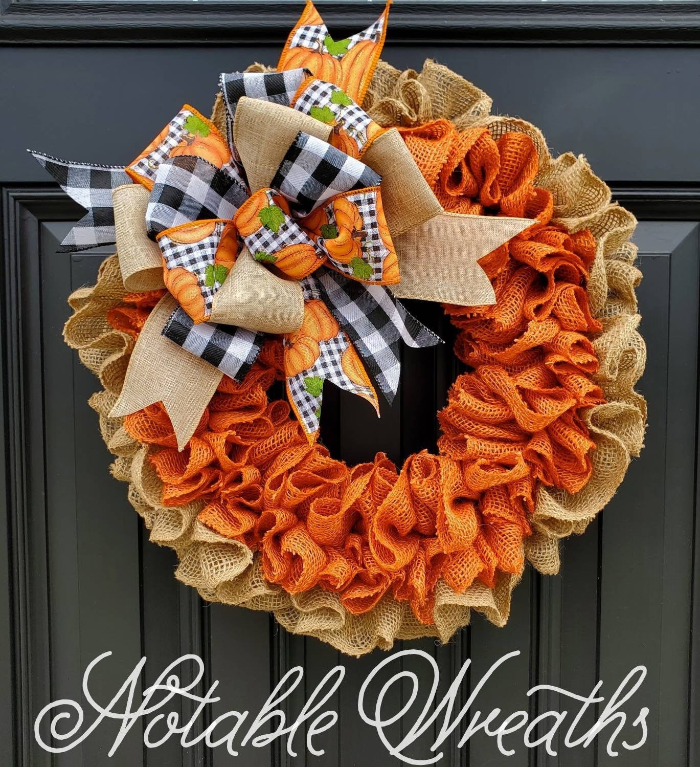 Fall burlap wreath for front door, autumn burlap wreath, buffalo check wreath for fall, pumpkin wreath for fall, burnt orange burlap wreath