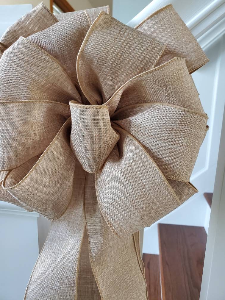 Rustic tree topper bow, natural tree topper bow, farmhouse tree topper, burlap look tree topper, banister bow, natural holiday decor