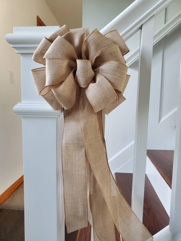 Rustic tree topper bow, natural tree topper bow, farmhouse tree topper, burlap look tree topper, banister bow, natural holiday decor