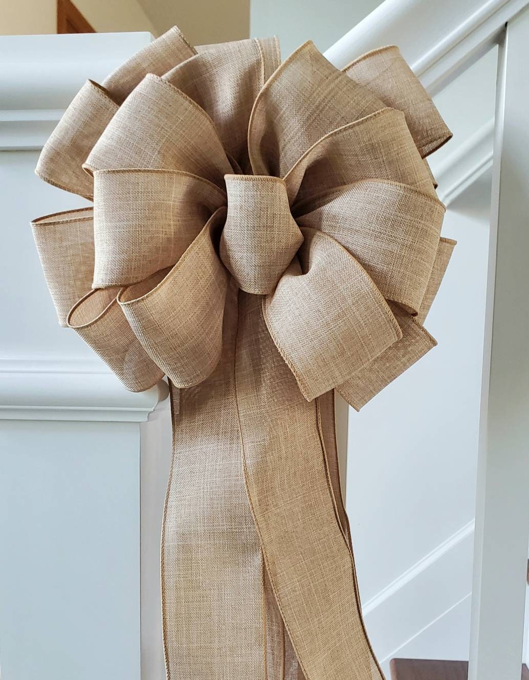Rustic tree topper bow, natural tree topper bow, farmhouse tree topper, burlap look tree topper, banister bow, natural holiday decor