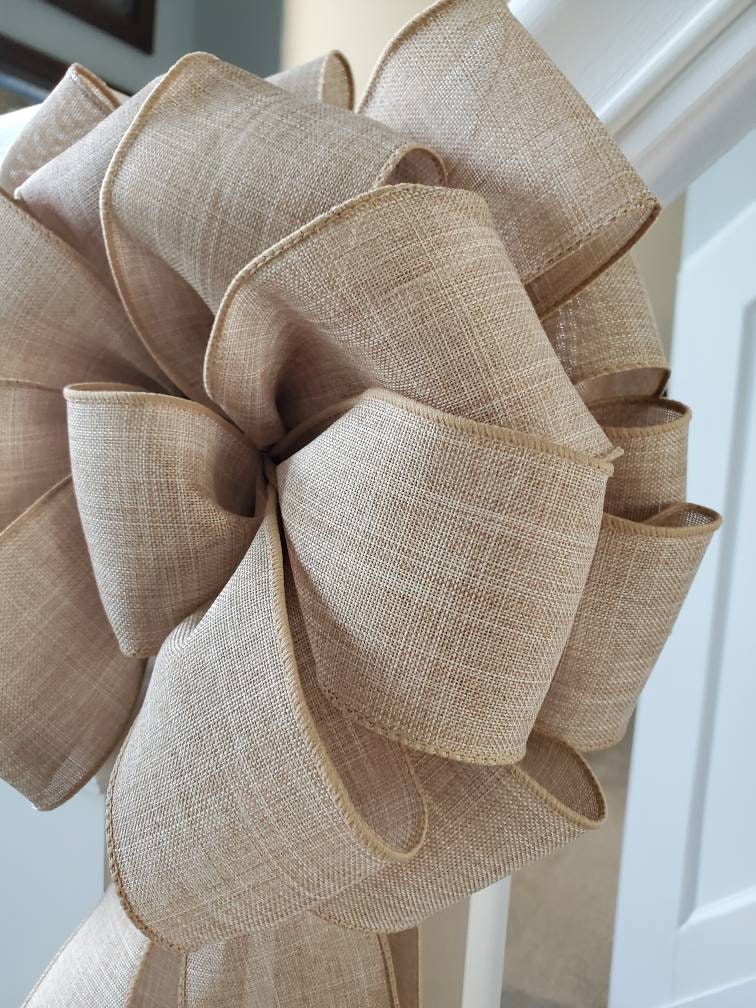 Rustic tree topper bow, natural tree topper bow, farmhouse tree topper, burlap look tree topper, banister bow, natural holiday decor
