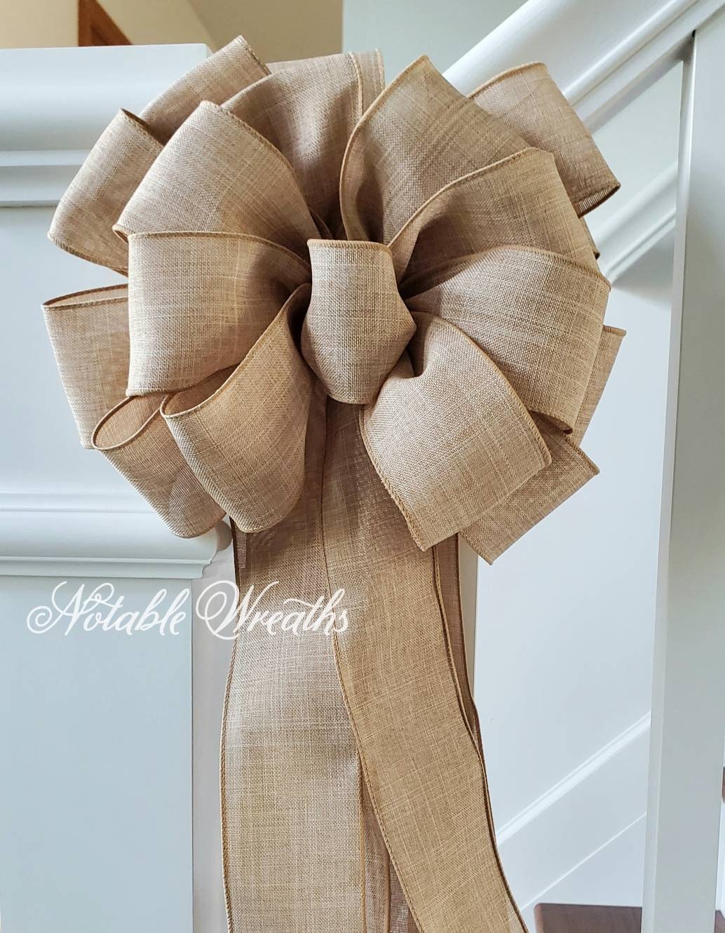 Rustic tree topper bow, natural tree topper bow, farmhouse tree topper, burlap look tree topper, banister bow, natural holiday decor