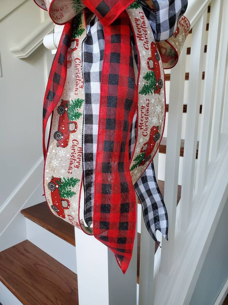 Red truck Christmas tree topper bow, buffalo check tree topper, Christmas tree decorations