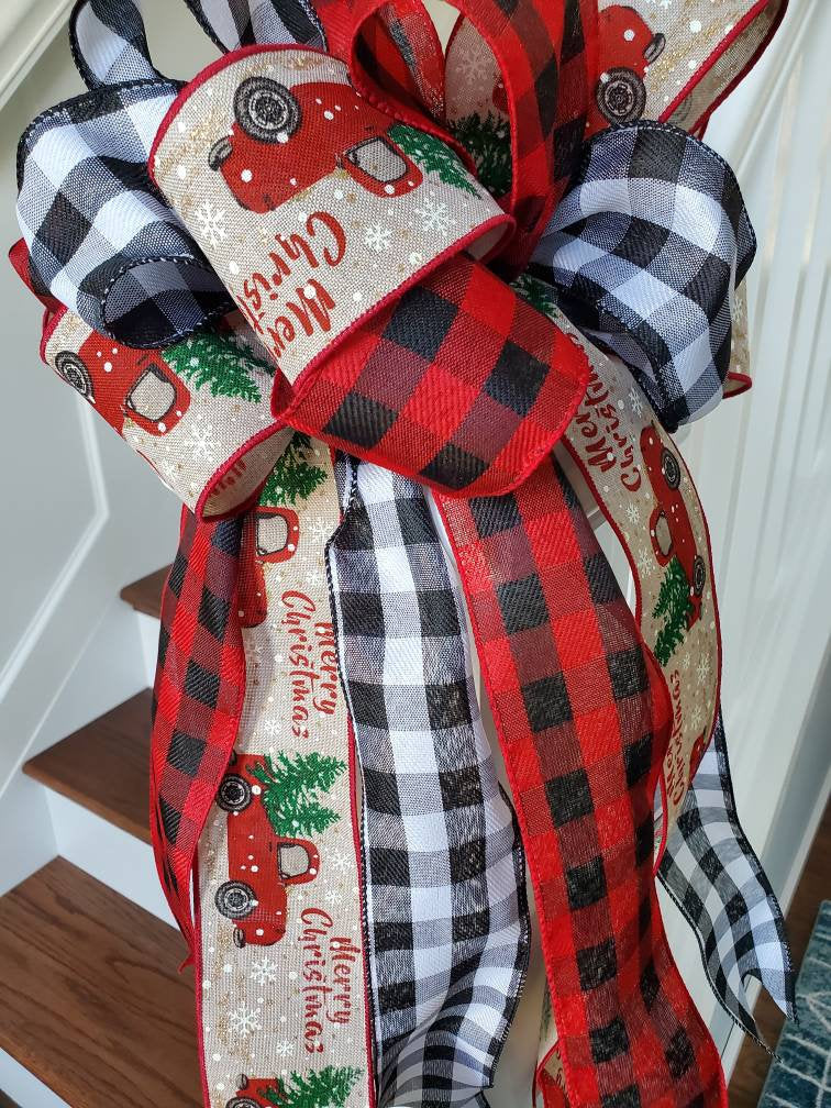 Red truck Christmas tree topper bow, buffalo check tree topper, Christmas tree decorations