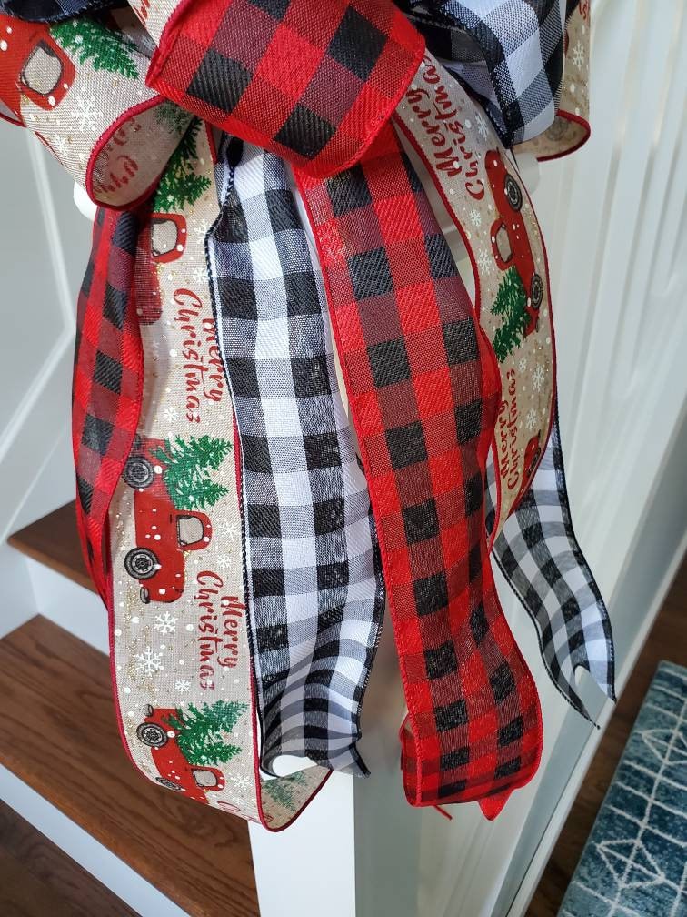 Red truck Christmas tree topper bow, buffalo check tree topper, Christmas tree decorations