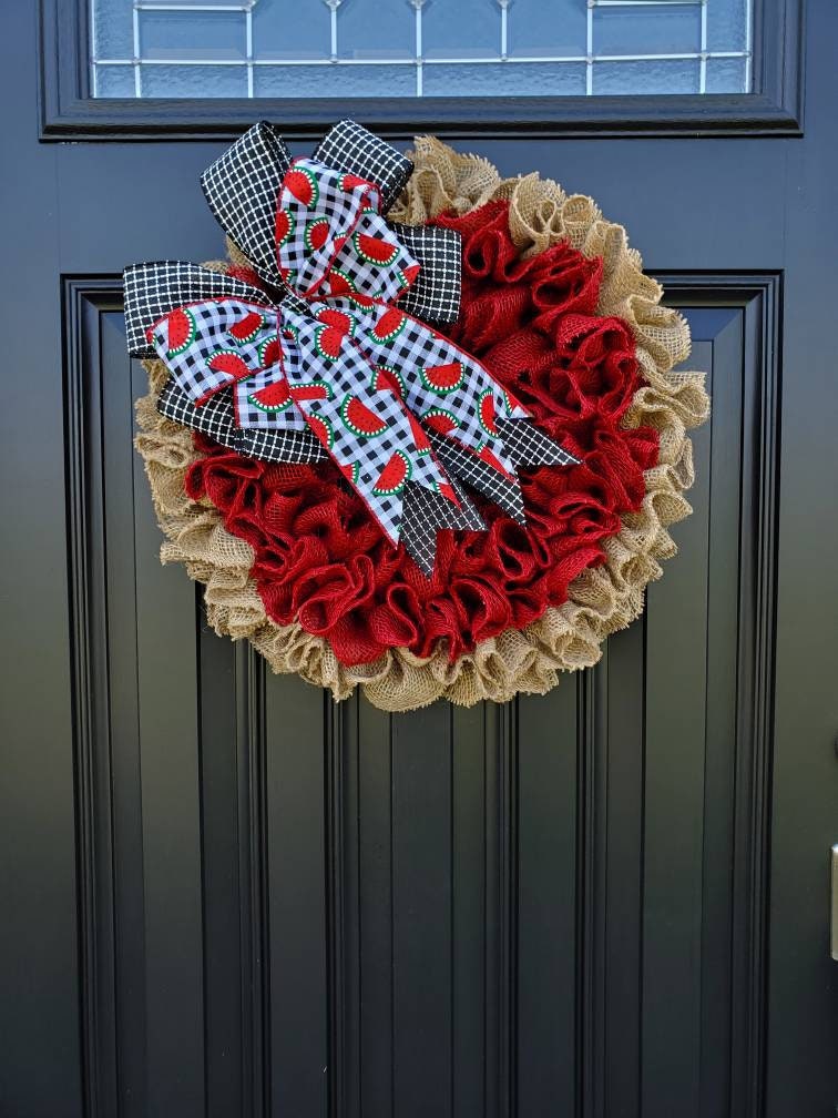 Summer watermelon burlap wreath for front door, red burlap wreath, Watermelon decor