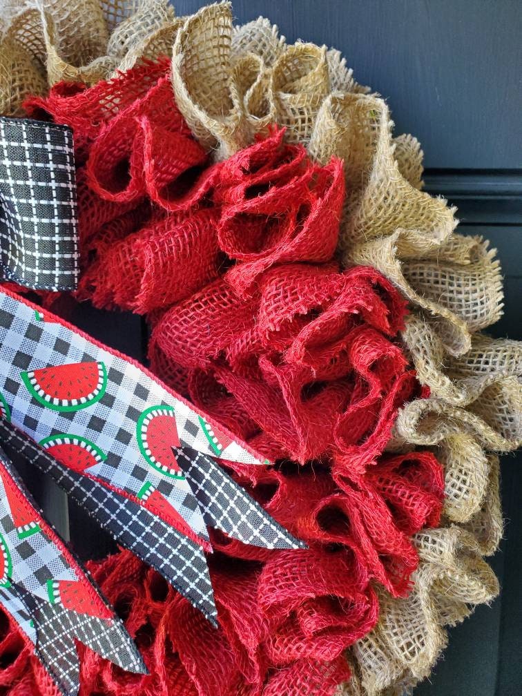 Summer watermelon burlap wreath for front door, red burlap wreath, Watermelon decor