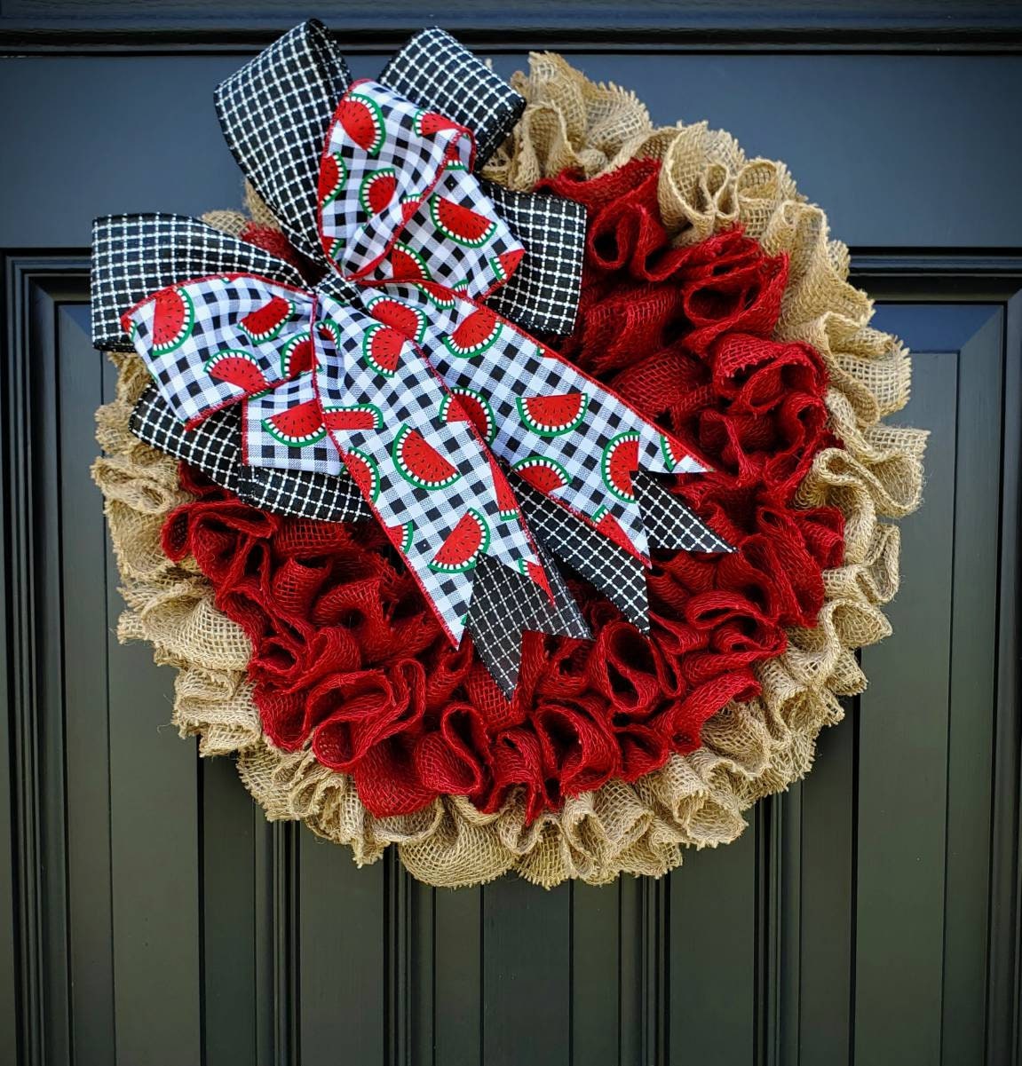 Summer watermelon burlap wreath for front door, red burlap wreath, Watermelon decor