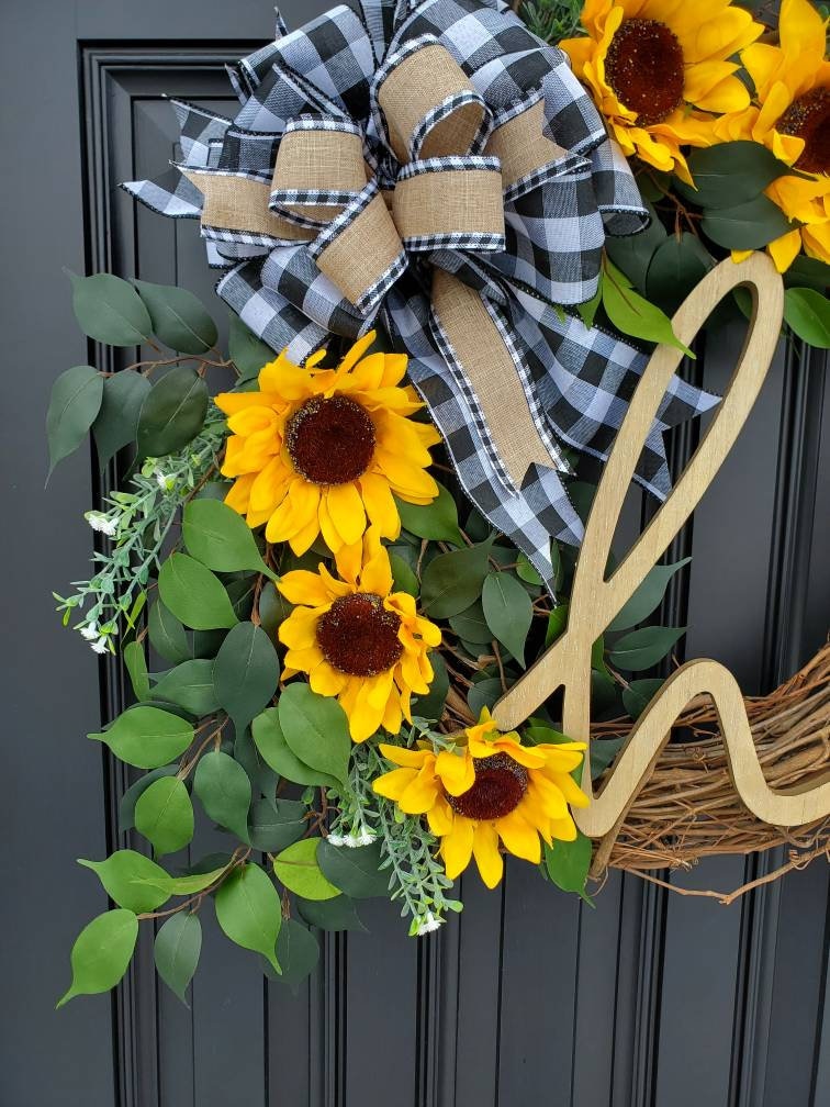 Summer Sunflower wreath for front door, year round wreath, buffalo check wreath, Summer grapevine wreath, Fall grapevine wreath