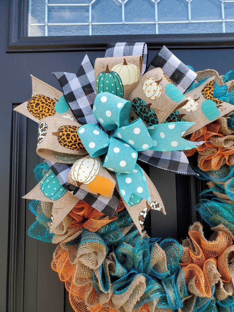 Rustic Fall wreaths for front door, Cheetah print wreath, teal pumpkin wreath, buffalo check wreath, Fall decor, orange and teal
