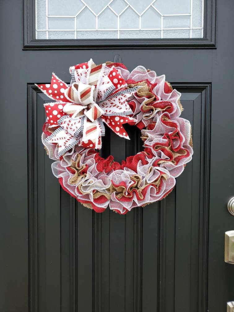 Candy Cane Christmas wreath for front door, burlap winter wreath, red Christmas wreath, peppermint wreath for Christmas