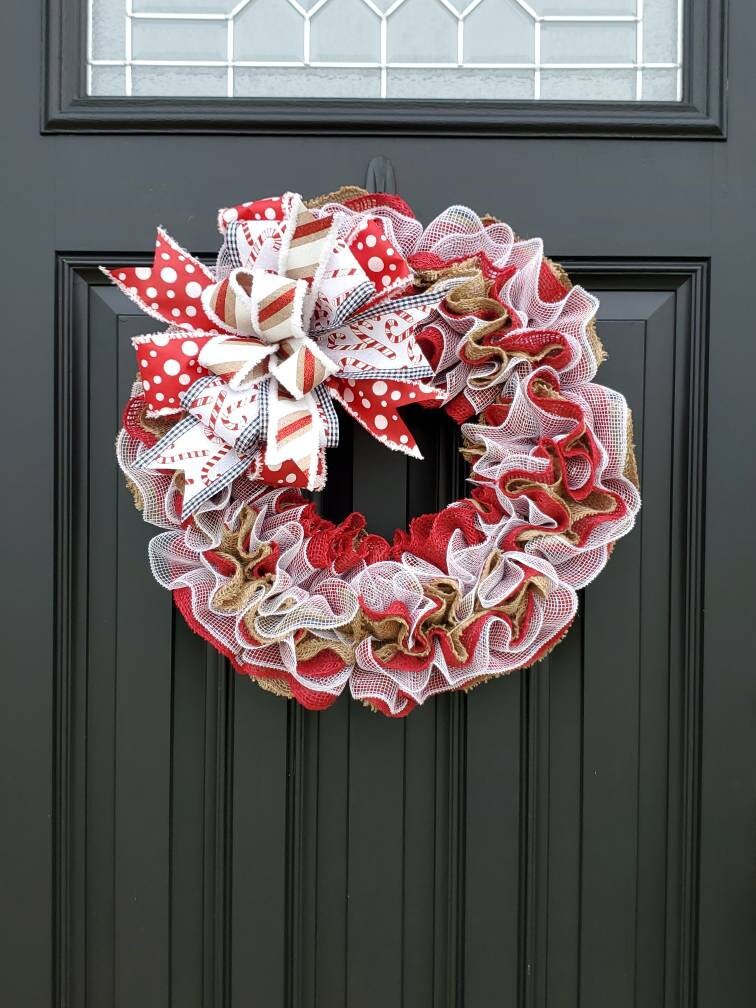 Candy Cane Christmas wreath for front door, burlap winter wreath, red Christmas wreath, peppermint wreath for Christmas