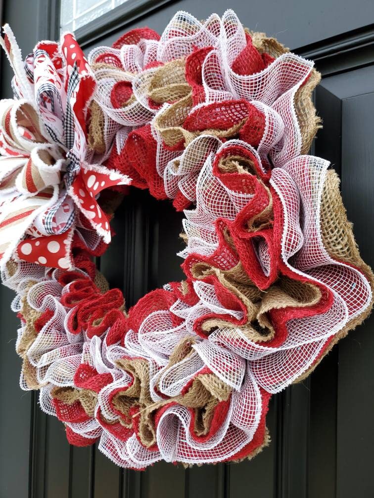 Candy Cane Christmas wreath for front door, burlap winter wreath, red Christmas wreath, peppermint wreath for Christmas
