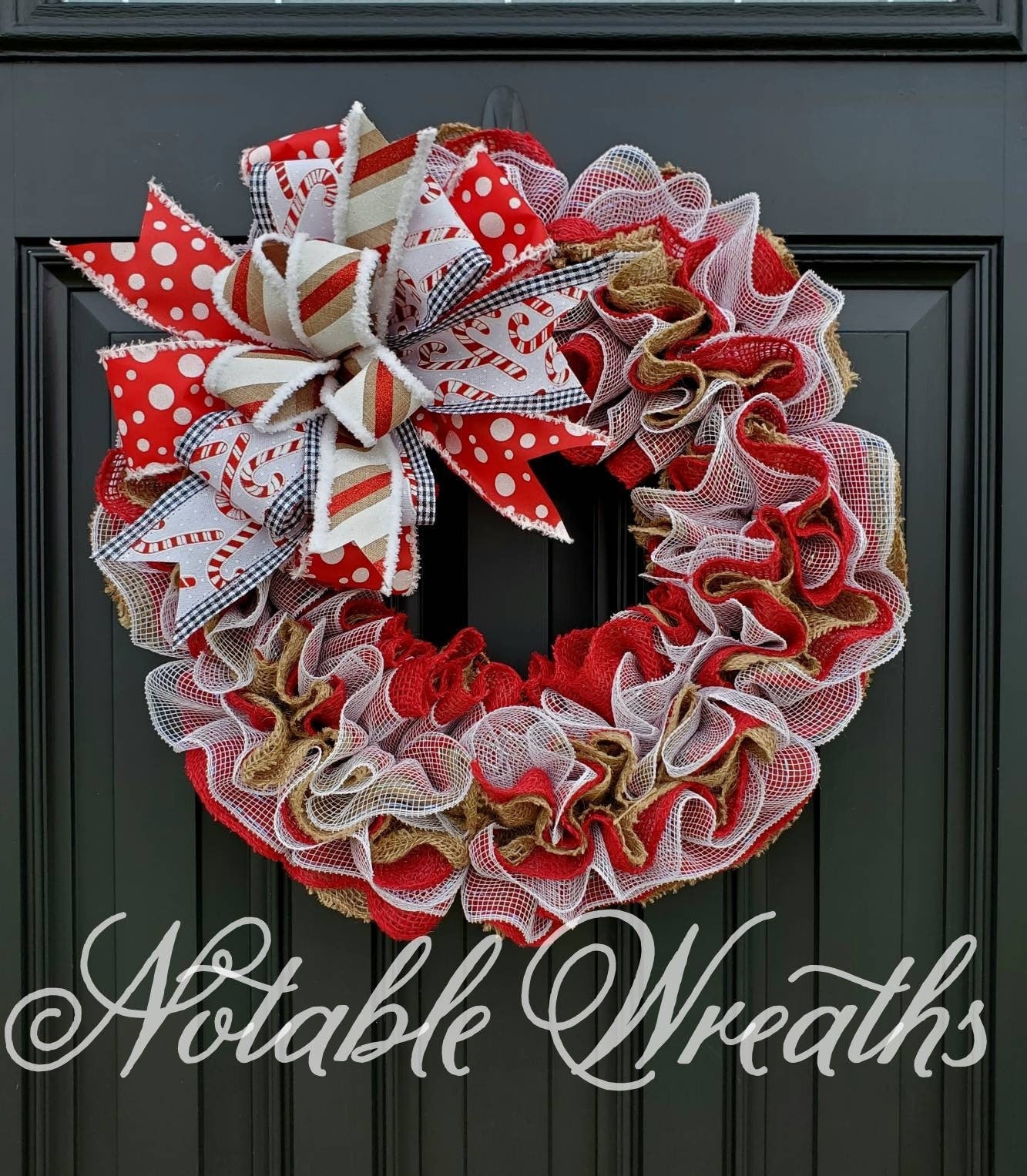 Candy Cane Christmas wreath for front door, burlap winter wreath, red Christmas wreath, peppermint wreath for Christmas