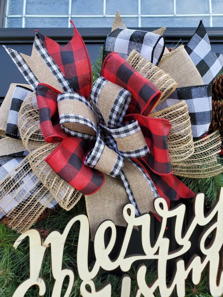 Rustic berry wreath for Christmas, faux evergreen wreath, buffalo check wreath, Merry Christmas wreath