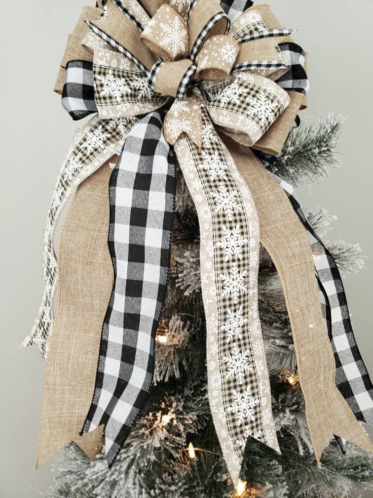 Rustic snowflake tree topper bow, neutral tree topper bow, tree topper, buffal check tree topper, black and white buffalo check tree topper