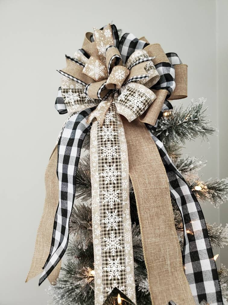 Rustic snowflake tree topper bow, neutral tree topper bow, tree topper, buffal check tree topper, black and white buffalo check tree topper
