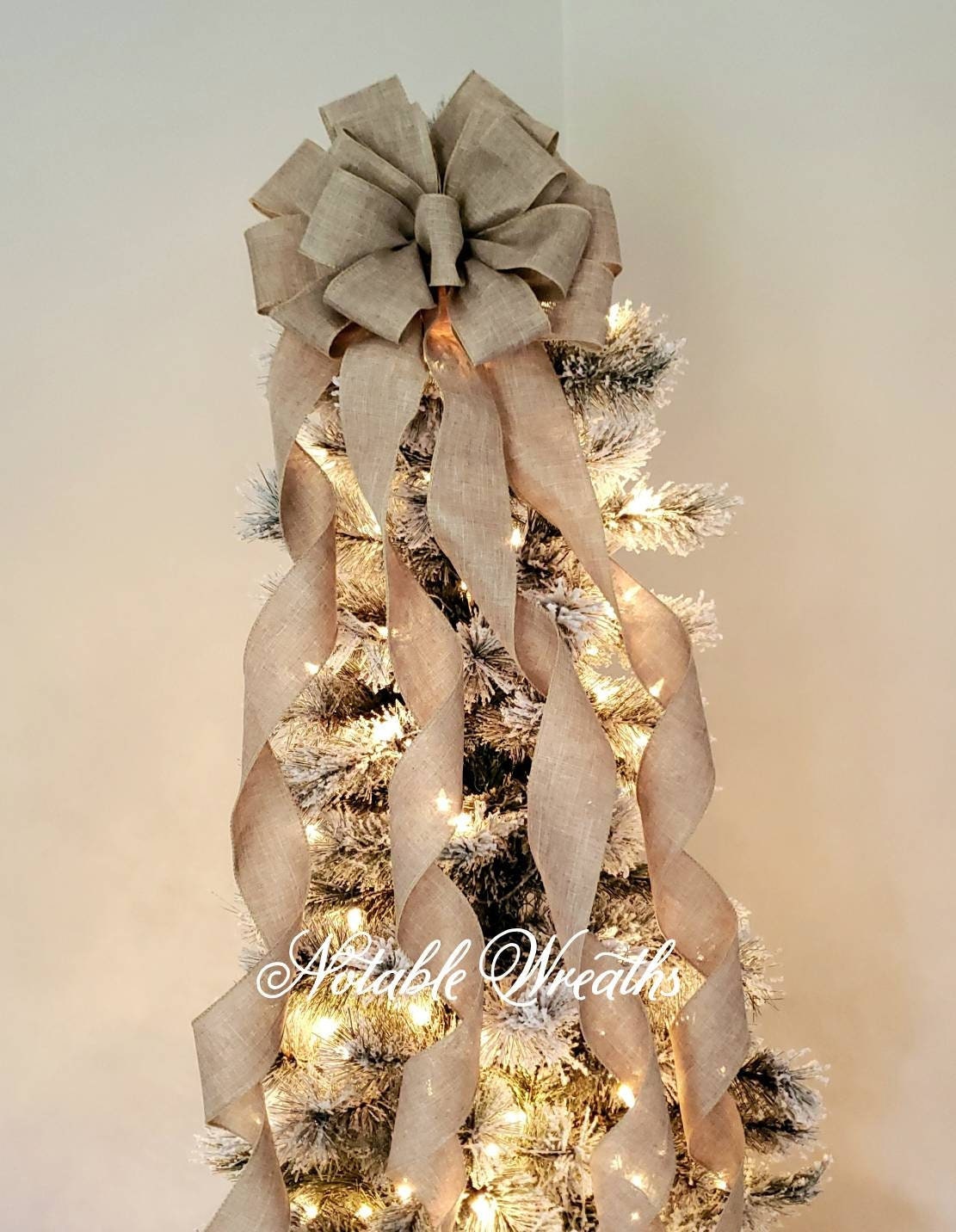 Rustic tree topper bow, natural tree topper bow, farmhouse tree topper, burlap look tree topper, banister bow, natural holiday decor