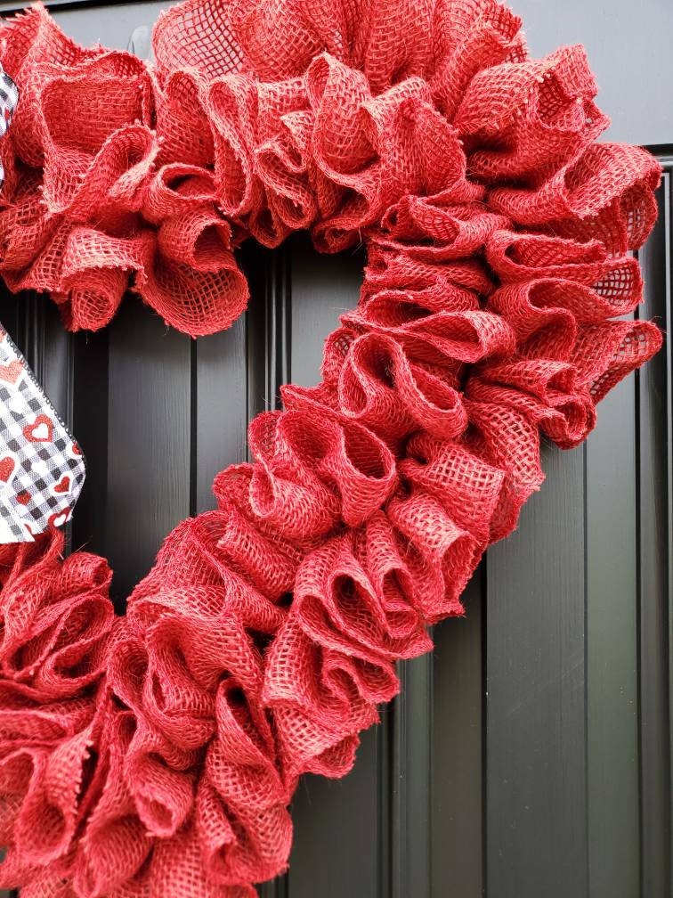 Red heart wreath for Valentine's day wreath for front door, ruffle burlap wreath, heart wreath, crimson red burlap wreath, ruffle wreath