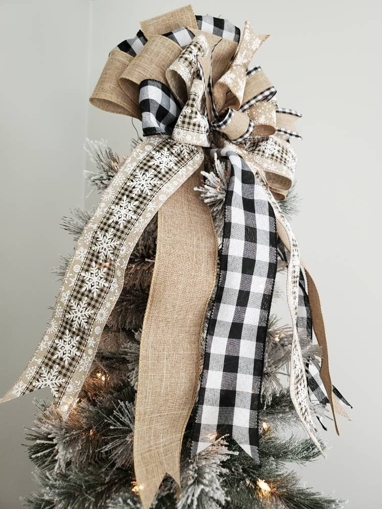 Rustic snowflake tree topper bow, neutral tree topper bow, tree topper, buffal check tree topper, black and white buffalo check tree topper