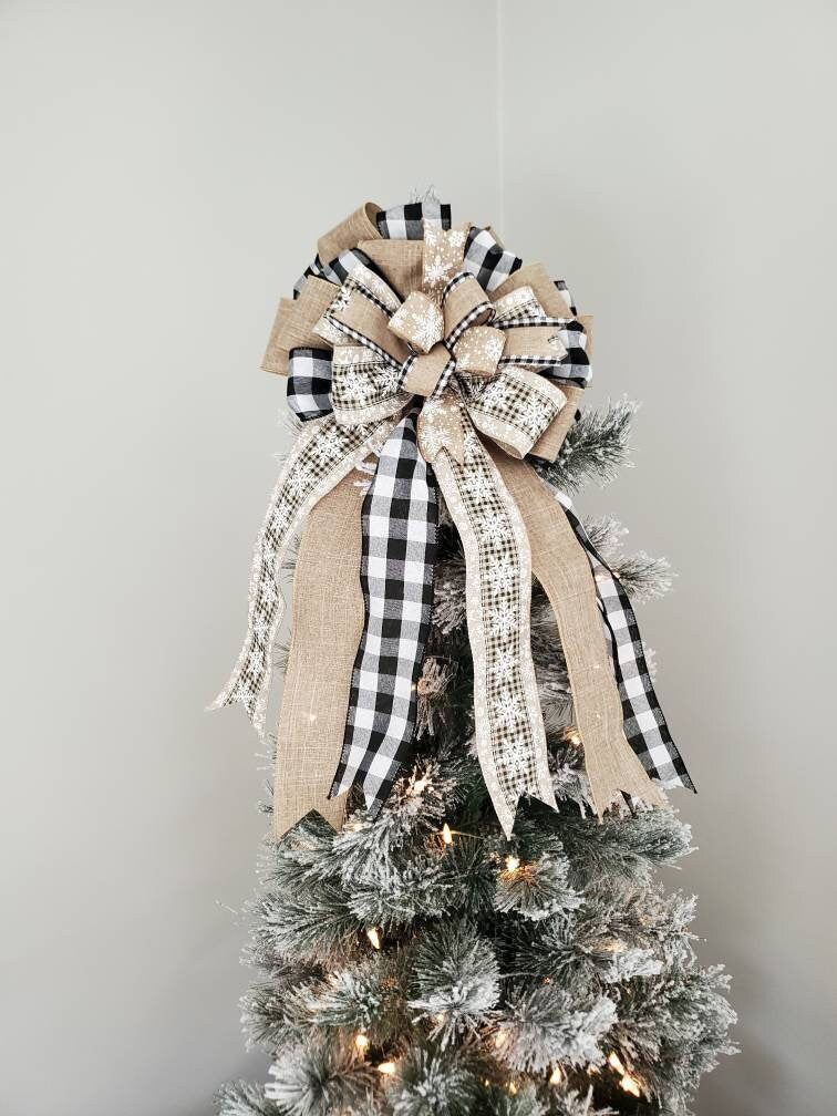 Rustic snowflake tree topper bow, neutral tree topper bow, tree topper, buffal check tree topper, black and white buffalo check tree topper