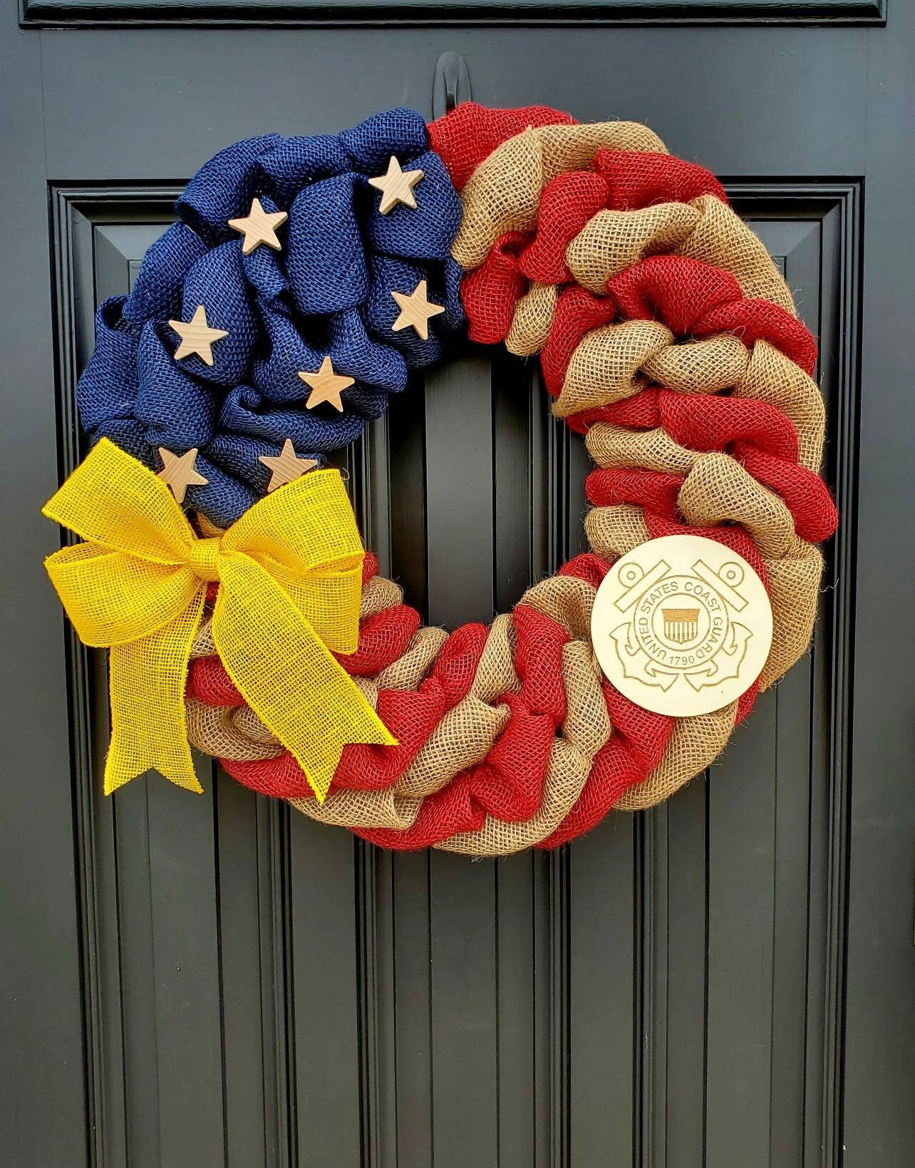 U.S. Coast Guard Wreath, Deployment wreath, Support our troops, Patriotic, burlap, yellow awareness ribbon for troops, deployment gifts