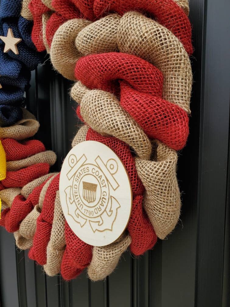 U.S. Coast Guard Wreath, Deployment wreath, Support our troops, Patriotic, burlap, yellow awareness ribbon for troops, deployment gifts