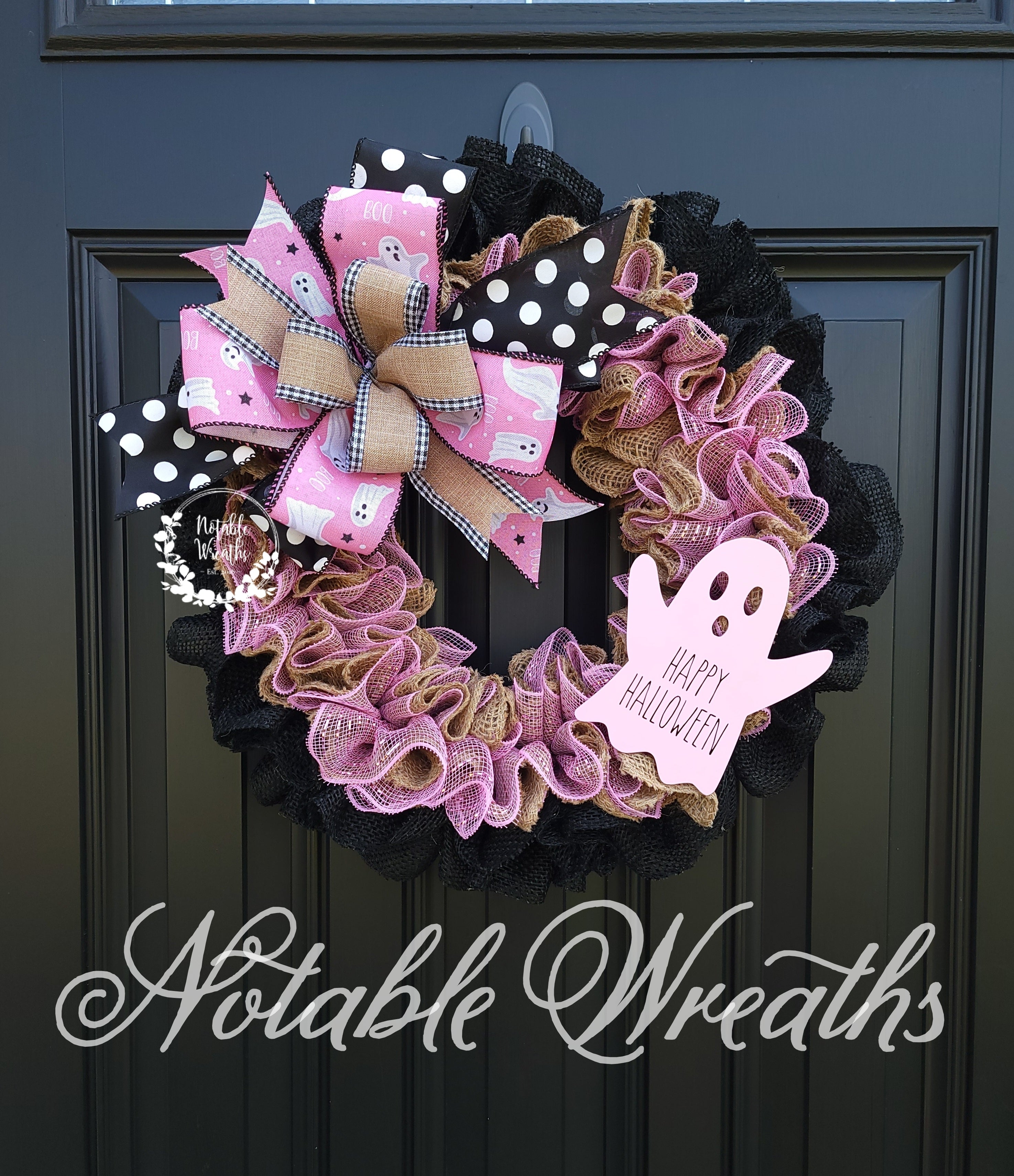 Pink Halloween wreath for front door, pinkoween wreath, Pink