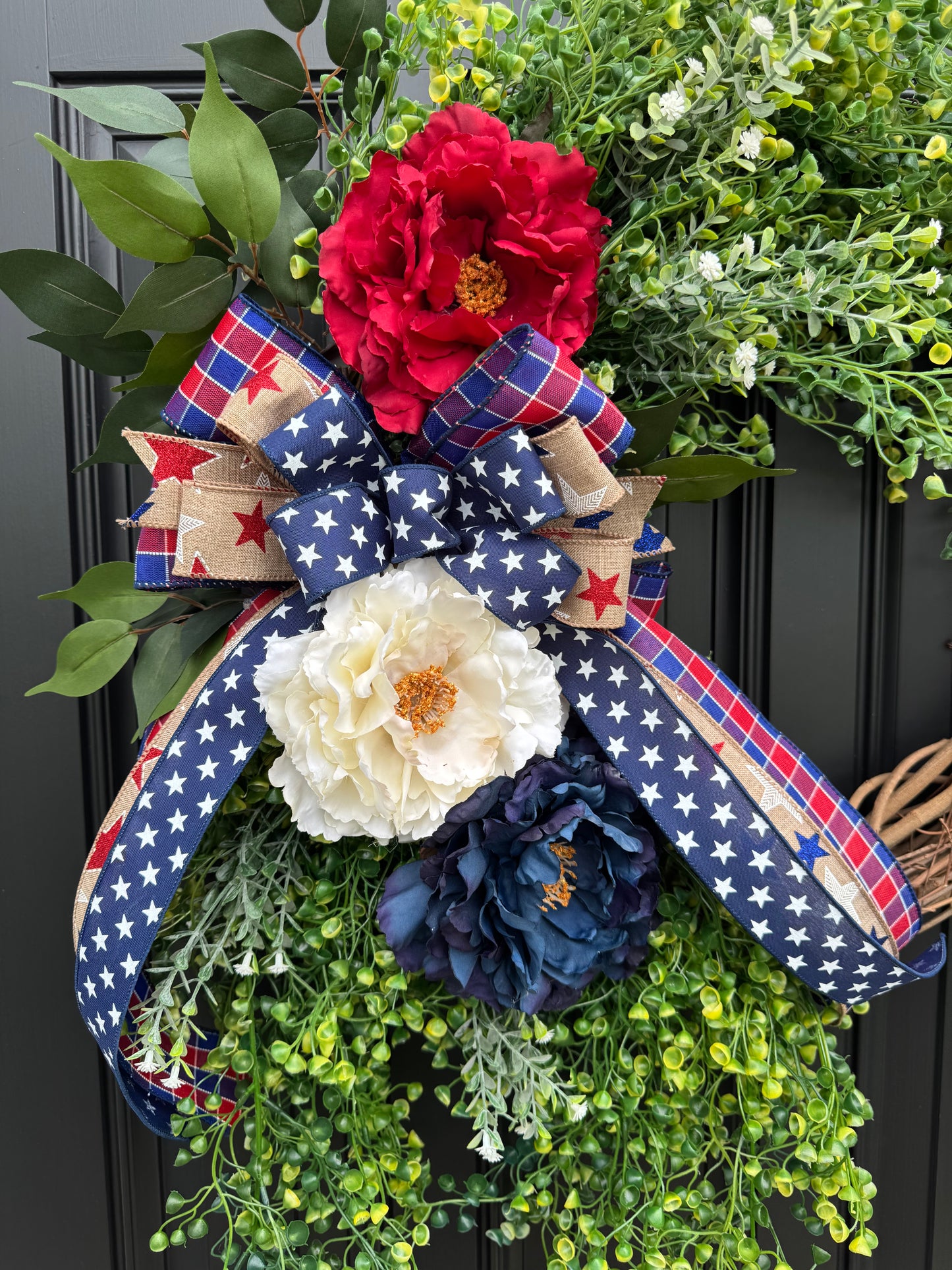 Patriotic floral wreath for front door, Fourth of July wreath for front door, Patriotic wreath, Americana wreath, peony wreath, greenery