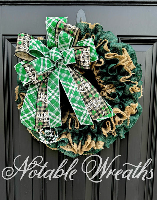 St. Patrick's day burlap wreath, green burlap wreath, burlap ruffle wreath, St. Patrick's day wreath for front door