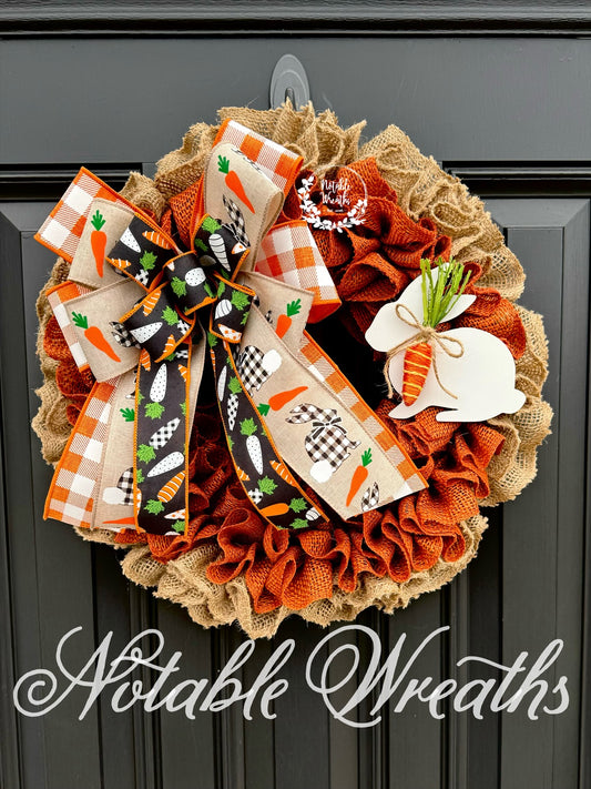 Easter wreath for front door, orange bunny carrot wreath for spring, double doors Bunny wreath for spring