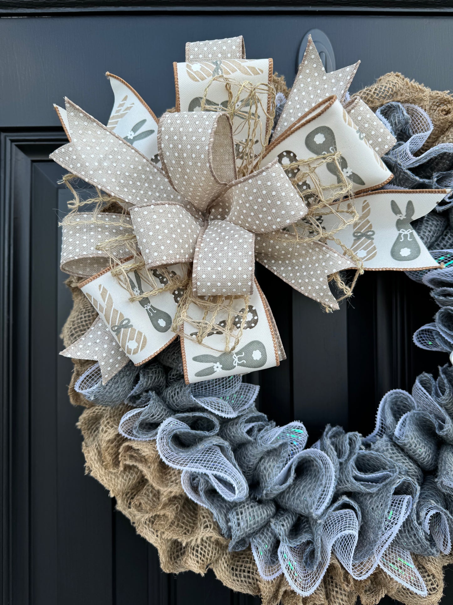 Neutral Easter wreath for front door, gray bunny burlap wreath, easter wreath, spring burlap wreath