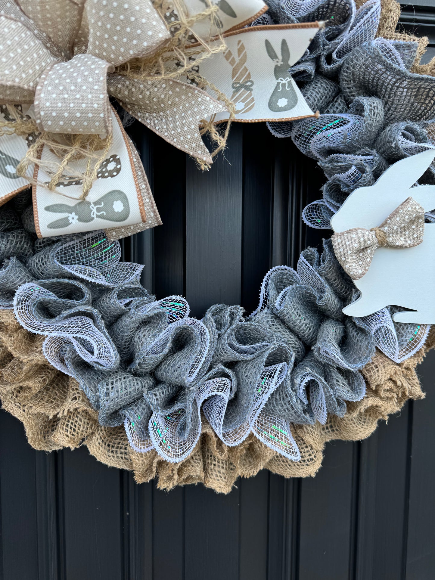 Neutral Easter wreath for front door, gray bunny burlap wreath, easter wreath, spring burlap wreath