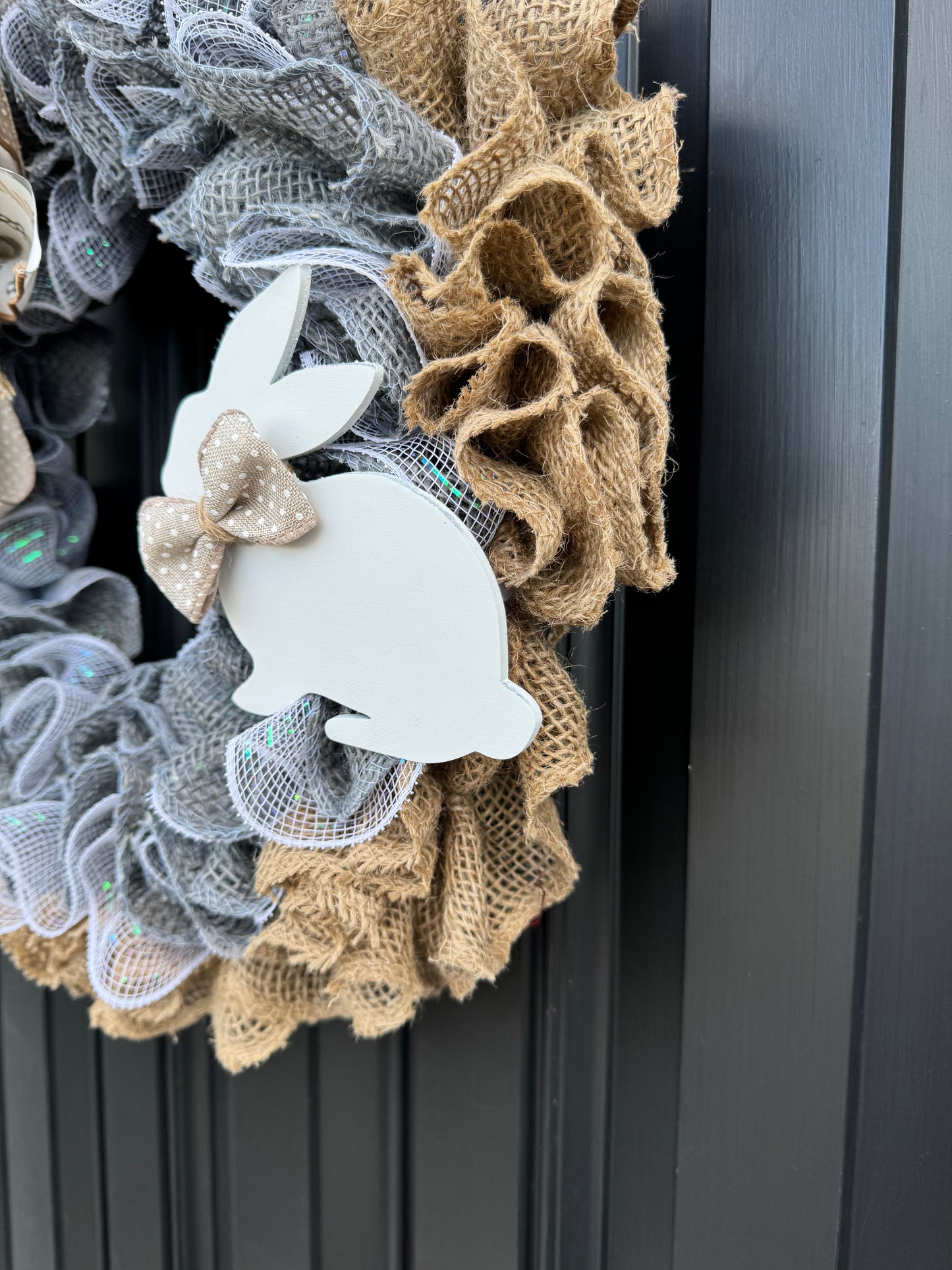 Neutral Easter wreath for front door, gray bunny burlap wreath, easter wreath, spring burlap wreath