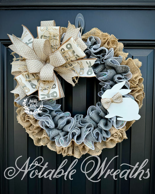 Neutral Easter wreath for front door, gray bunny burlap wreath, easter wreath, spring burlap wreath