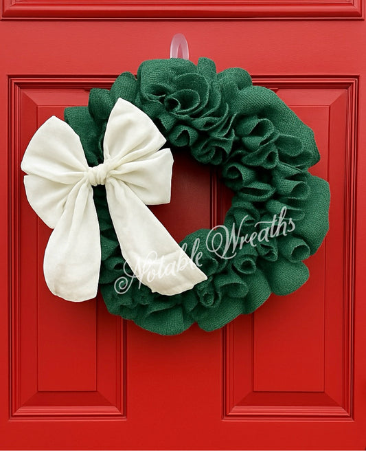 Emerald green Christmas wreath, White lush velvet bow, simple Christmas wreath, elegant Christmas wreath, Double doors, Holiday wreath
