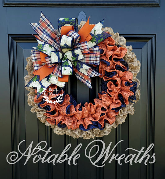 Navy and orange Fall wreath for front door, white pumpkin fall wreath, rustic fall wreath, plaid fall wreath