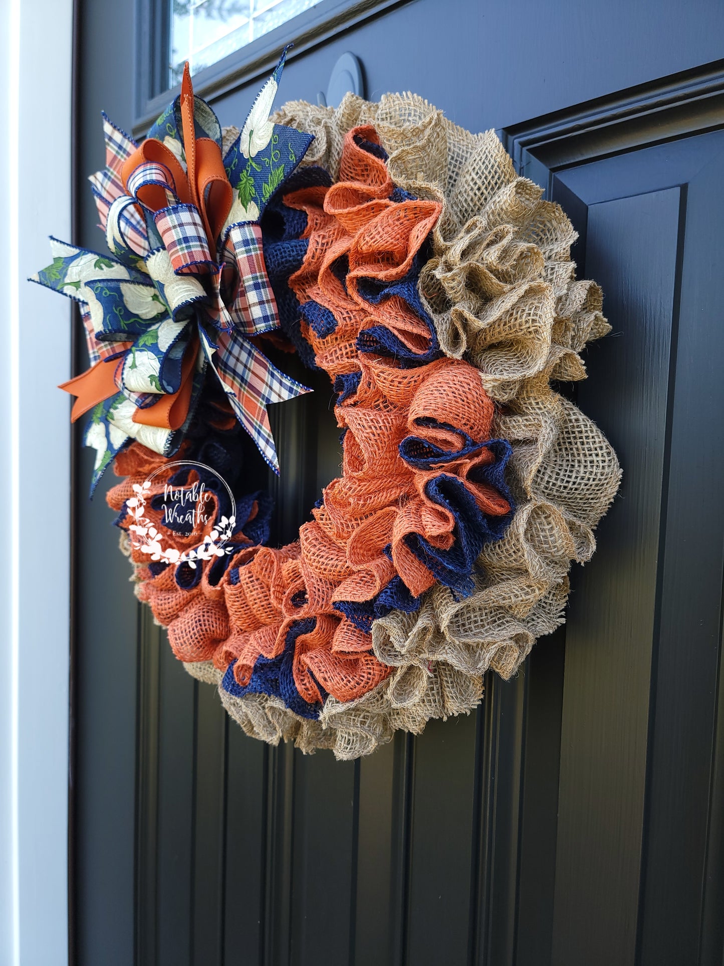 Navy and orange Fall wreath for front door, white pumpkin fall wreath, rustic fall wreath, plaid fall wreath